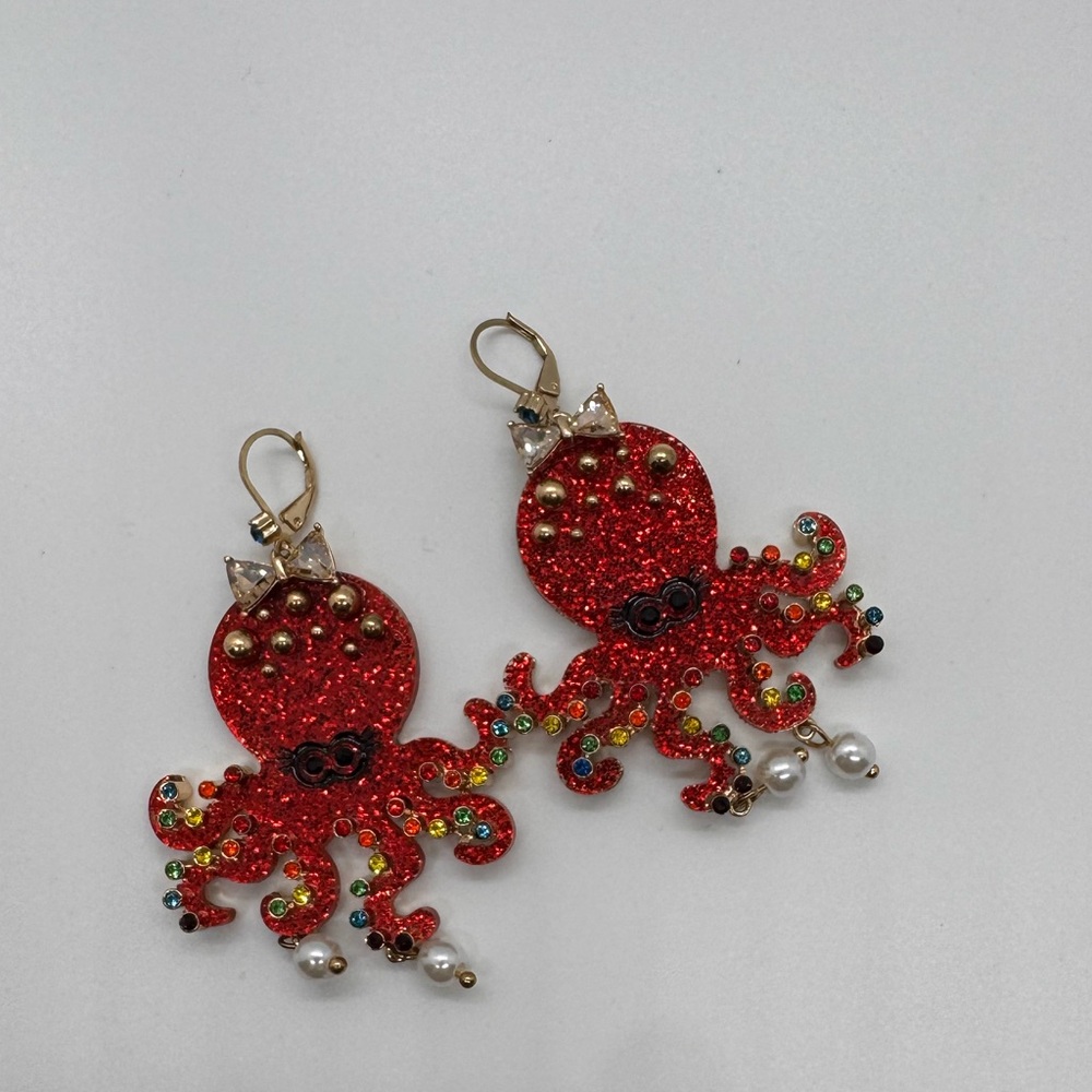 Betsy Johnson Statement drop earrings colorful red glitter octopus with pendant - Picture 3 of 10